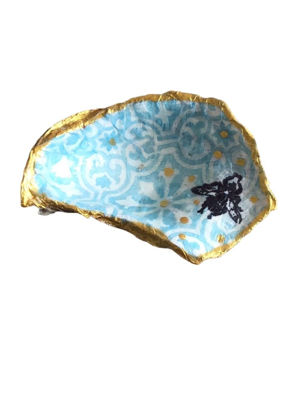 Handcrafted Mixed Media Art  trinket oyster shell dish with Gold Accents 4” long